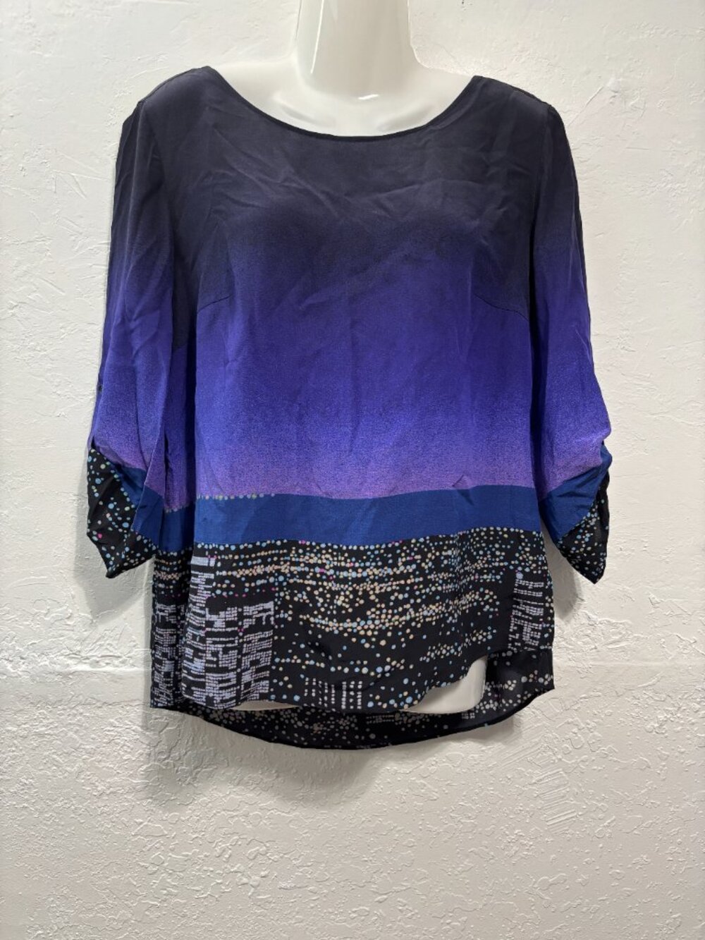 AKRIS Punto 100% Mulberry Silk Art Print Tunic Top Roll Tab Sleeve US 10